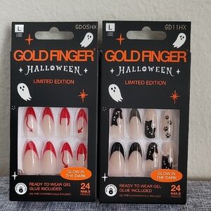 2 Goldfinger Halloween Glue On Nails Long Almond Cat Devil Black Red New